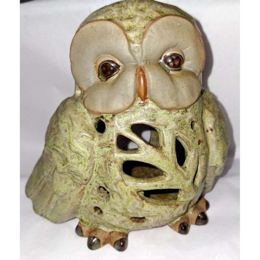 Vintage Stoneware Pudgy Owl w Large Smooth Eye Patches Tea Light Holder Luminary